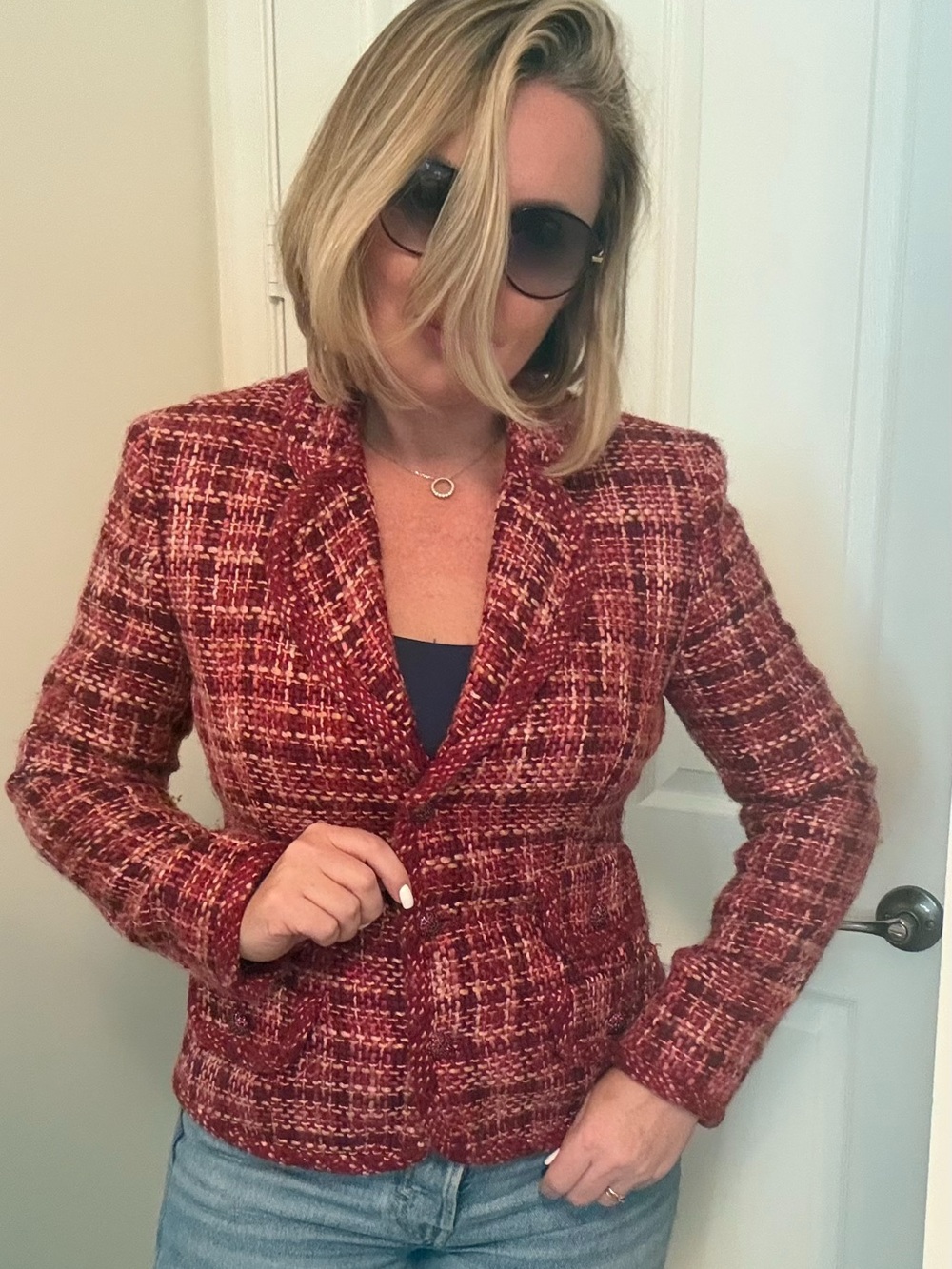 Vintage Kasper Women’s Tweed Blazer Jacket Size 8 Burgundy Pink Career Y2K
